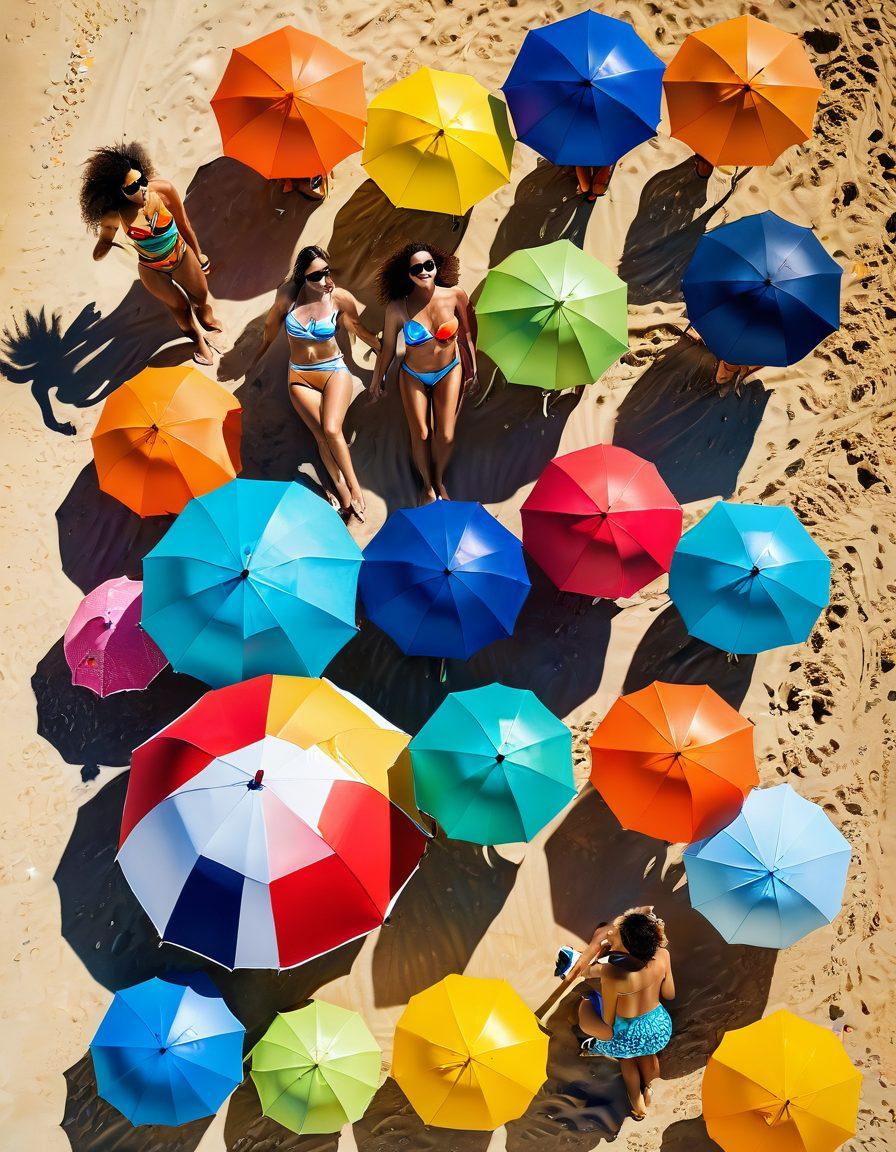 A confident person of diverse body types enjoying a sunny beach day, wearing stylish summer swimwear. Include vibrant beach umbrellas, gentle waves in the background, and colorful beach accessories scattered around. Capture a joyful vibe embracing body positivity, with warm sunlight highlighting skin tones. super-realistic. vibrant colors. tropical beach setting.